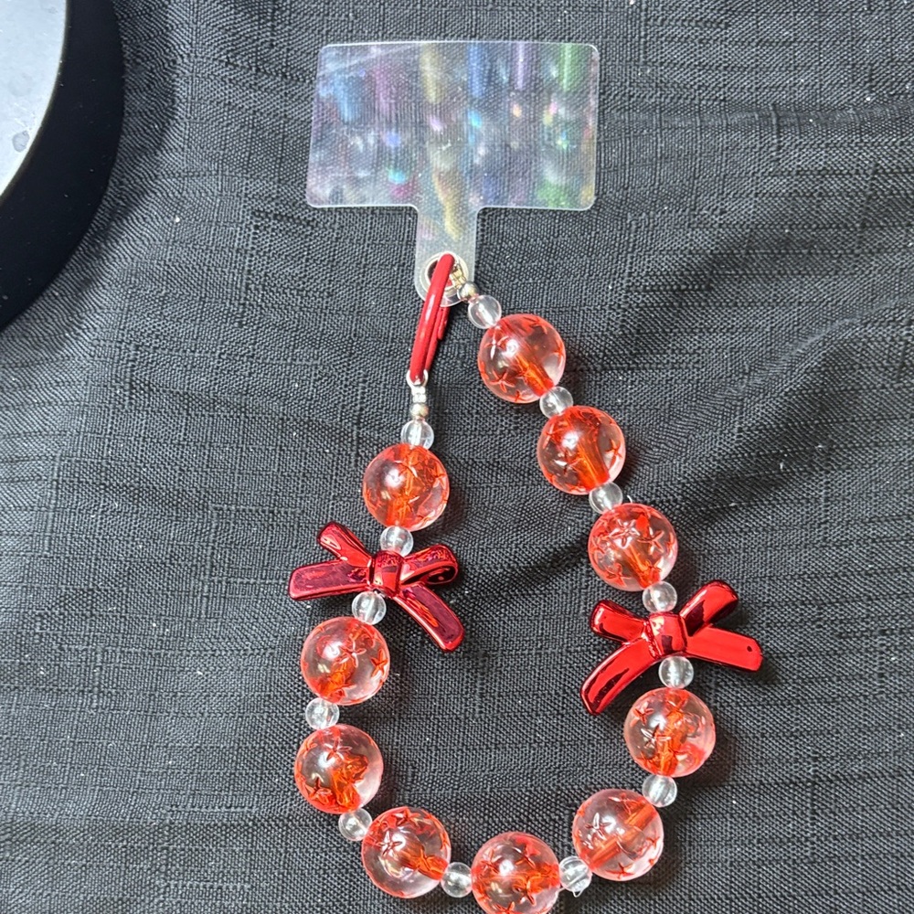 Red Keychain/Phone Wrist with Bow Accents